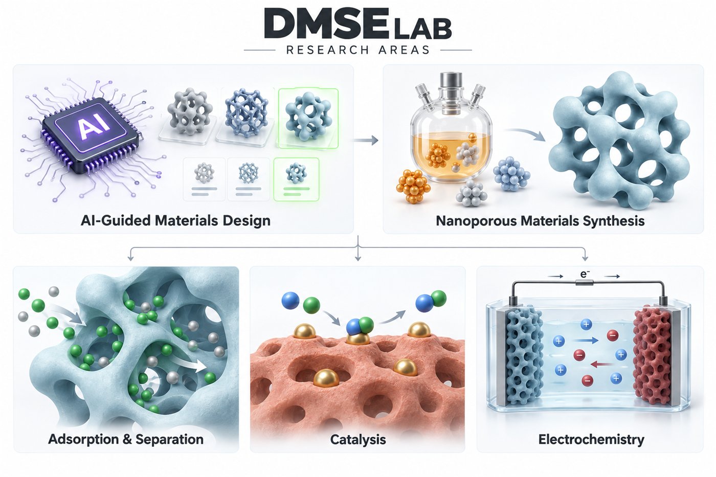 DMSE Lab research areas: AI-guided materials design and nanoporous materials synthesis feeding adsorption and separation, catalysis, and electrochemistry